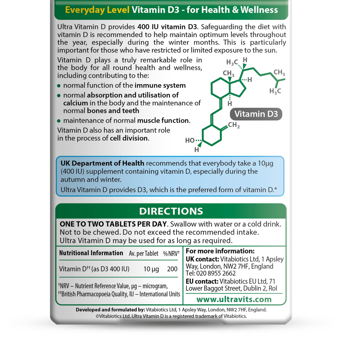 Vitabiotics Ultra Vitamin D3 1000IU, Vitamin D3 Tablets, 96 Tablets