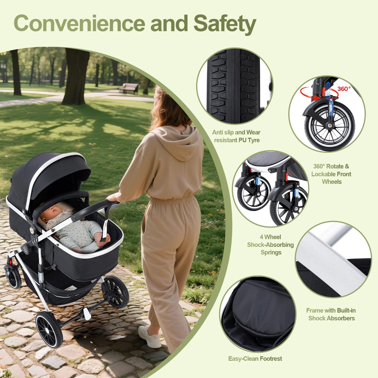 Gcarebb 3 in 1 Prams Travel System, Pushchair with Height Adjustable Handle, Travel Pram with Mosquito Net, Baby Stroller with Aluminum Frame for Newborn 0-4 Years