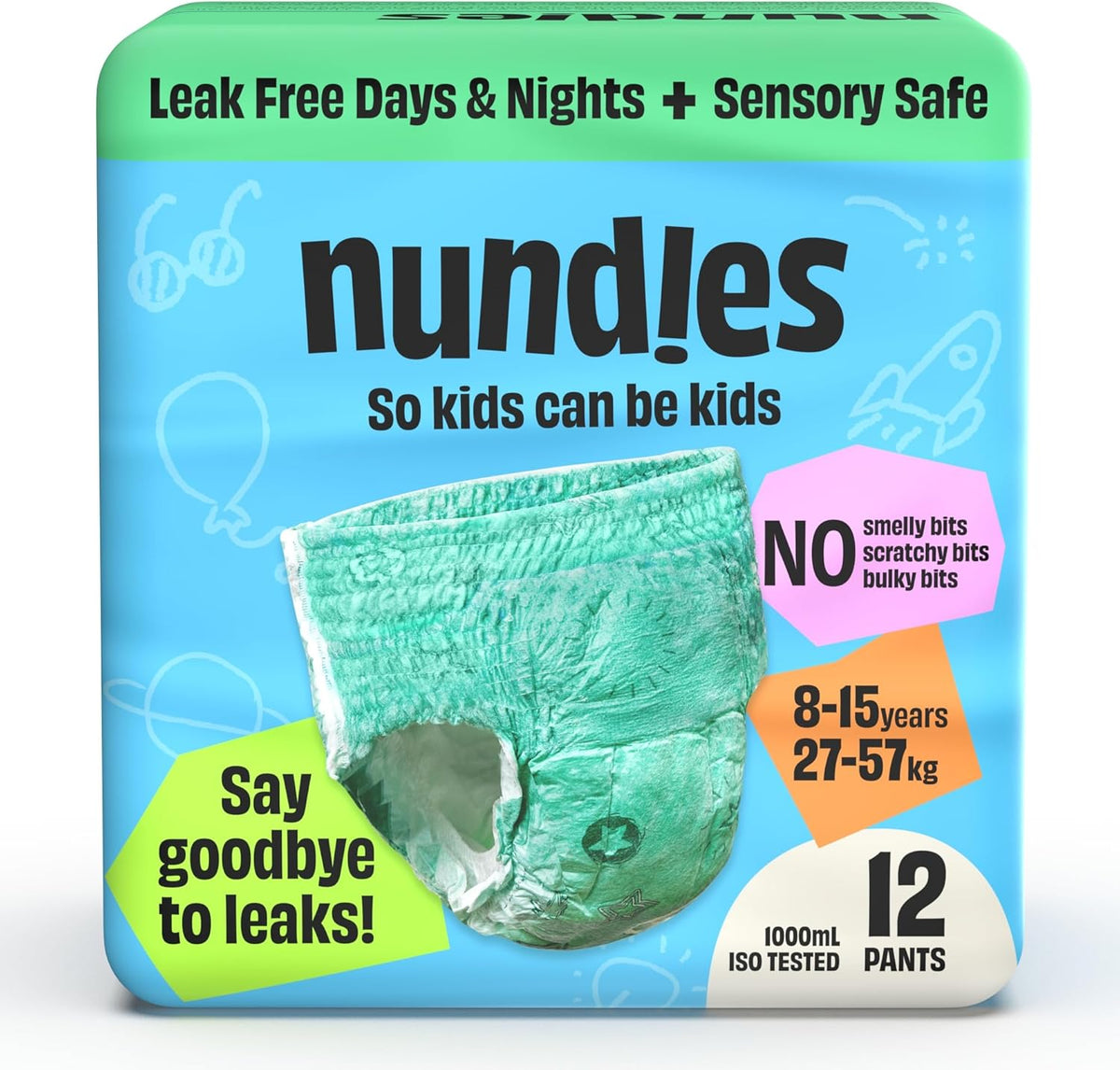 Youth Pants – Disposable Nappy Pants for Kids & Teens, Day & Night Leak Protection, Odour Control, Soft Slim Fit Underwear for Boys & Girls - Large (8–15 Years) - 12 Pack