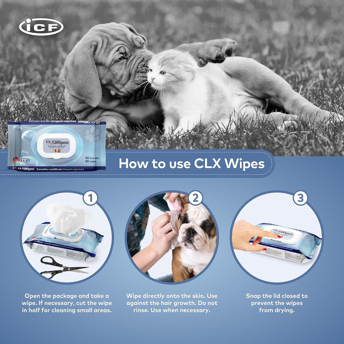 CLX Chlorhexidine Dog & Cat Wipes, Paw, Face & Skin Fold Cleaning, 40 Pack