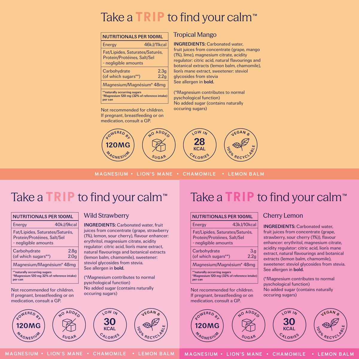 TRIP Calm Magnesium Drink, Sparkling Mocktail, Ultimate Sampler Mix, 12pack