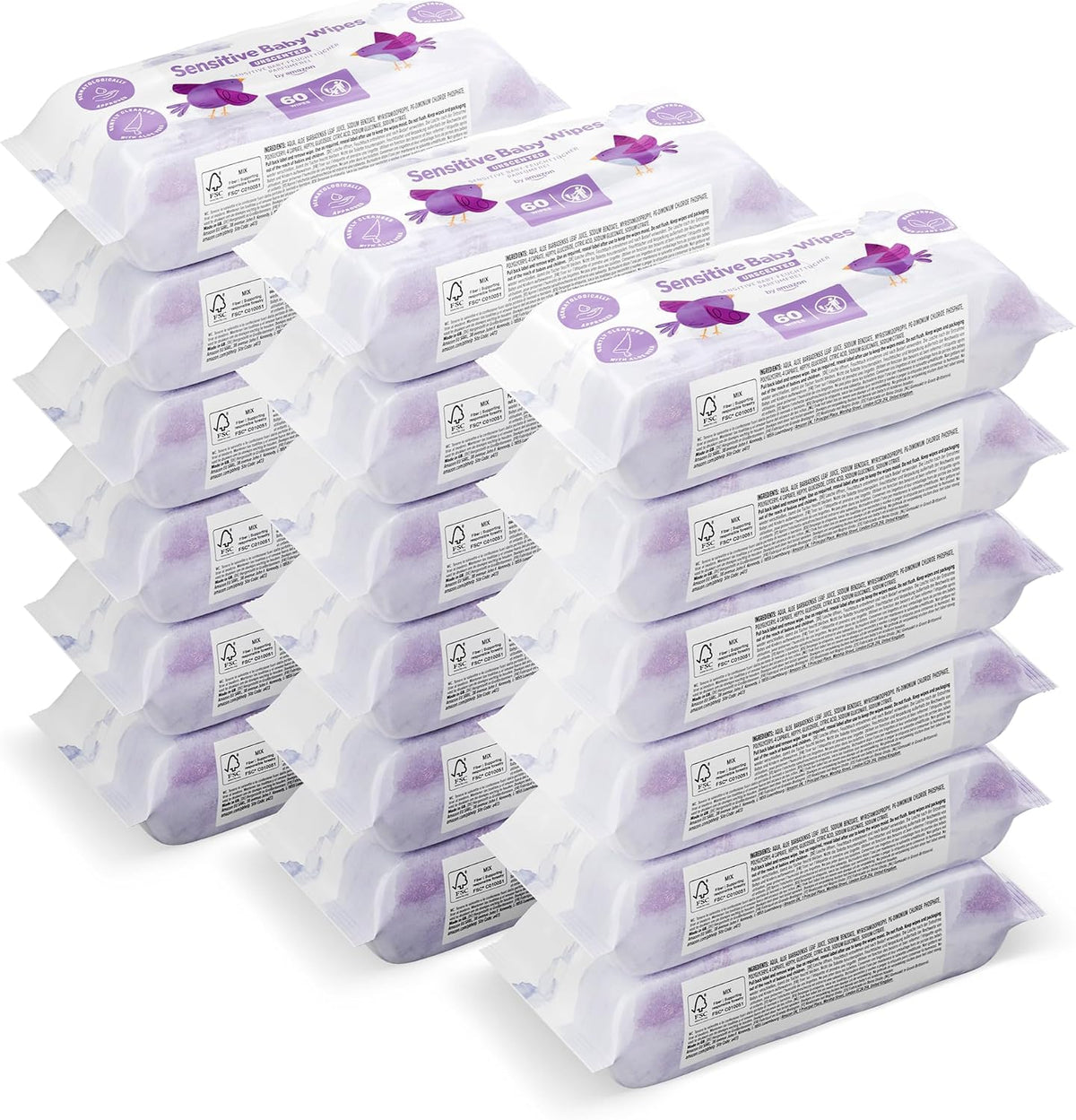 by Amazon Sensitive Baby Wipes, Unscented, 1080 Wipes, 18 Pack of 60, Wipes Without Plastic