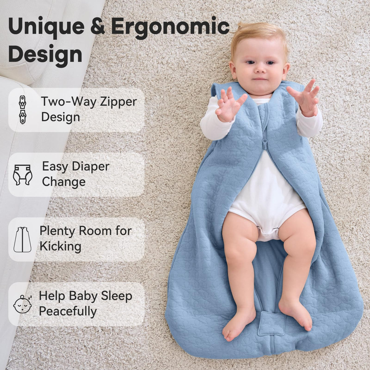 Unnivoll Baby Sleeping Bag 2.5 Tog 0-6 Months 100% Cotton Winter Sleeping Bag Baby 2-Way Zipper Quilted Sleep Sack for Newbron Infant Warm Soft Apricot