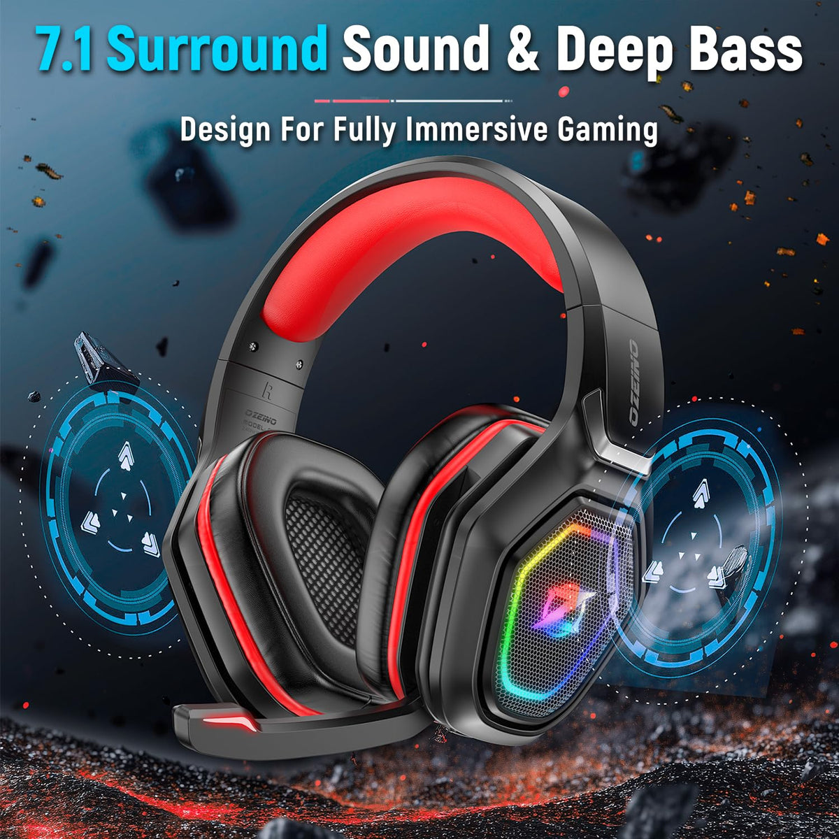Ozeino Wireless Gaming Headset with Microphone, 2.4G & Type C Transmitter - 40h Battery Life - RGB Lighting Gaming Headphones for Ps5, Ps4, PC, Switch, Phone (Pink)
