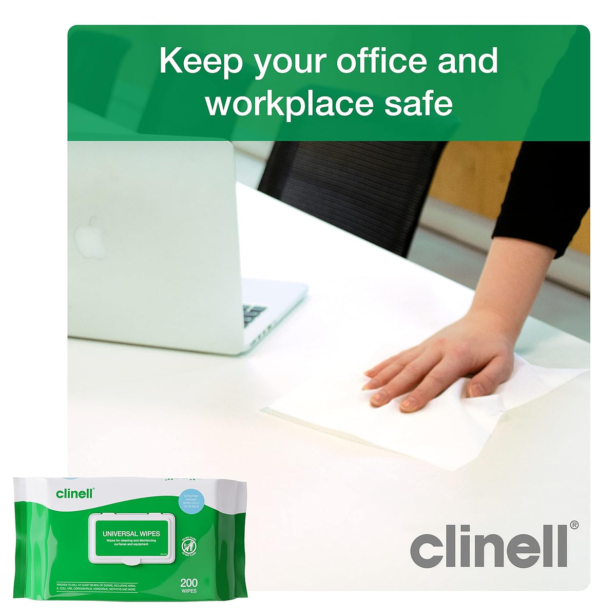 Clinell Universal Cleaning and Disinfectant Wipes - Pack of 6, 1200 Wipes - Multi Surface, Kills 99.99% of Germs, Quick Action, Green, Pleasant Fragrance