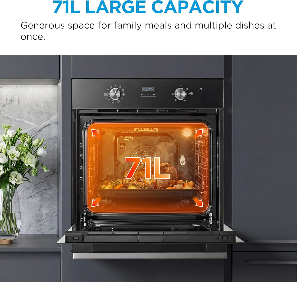 Midea 71L, 60cm Wide, Single Electric Built-in Fan Oven with Air Fry, 12 Oven Functions, Aqua Clean, LED Display, Convection, ECO, MultiLevel Cooking, Color Black - MBO65M90D2-BK