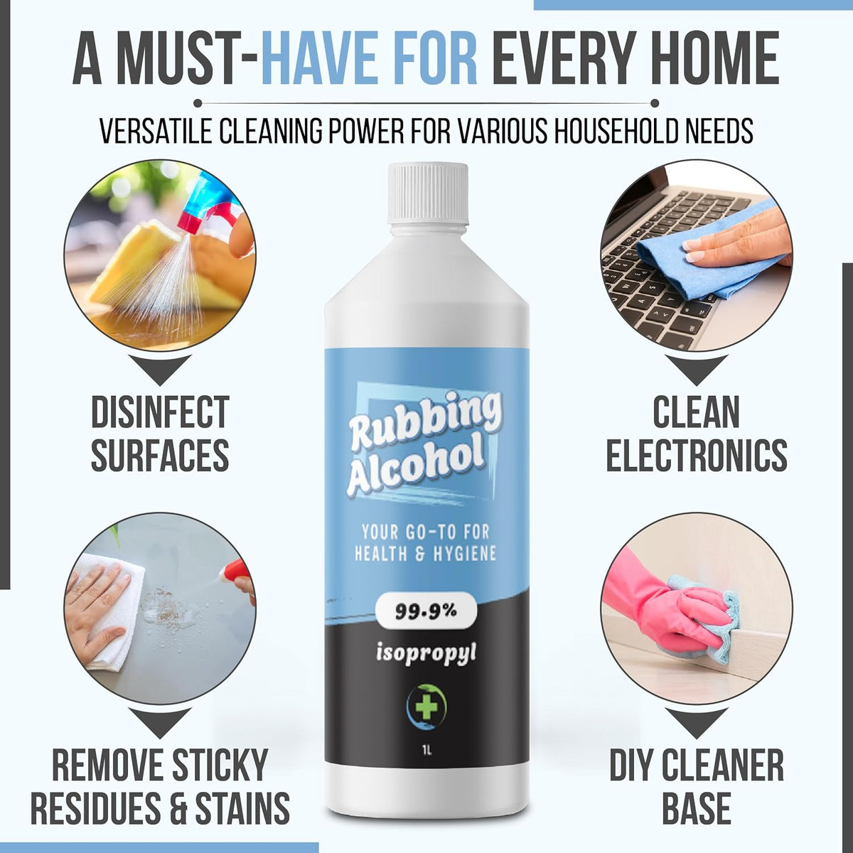 Rubbing Alcohol 1 Litre 99.9% Pure Isopropanol IPA for Cleaning, Disinfecting, Degreaser, Medical Use, Solvent for Electronics, Glass, De-icer, Painting