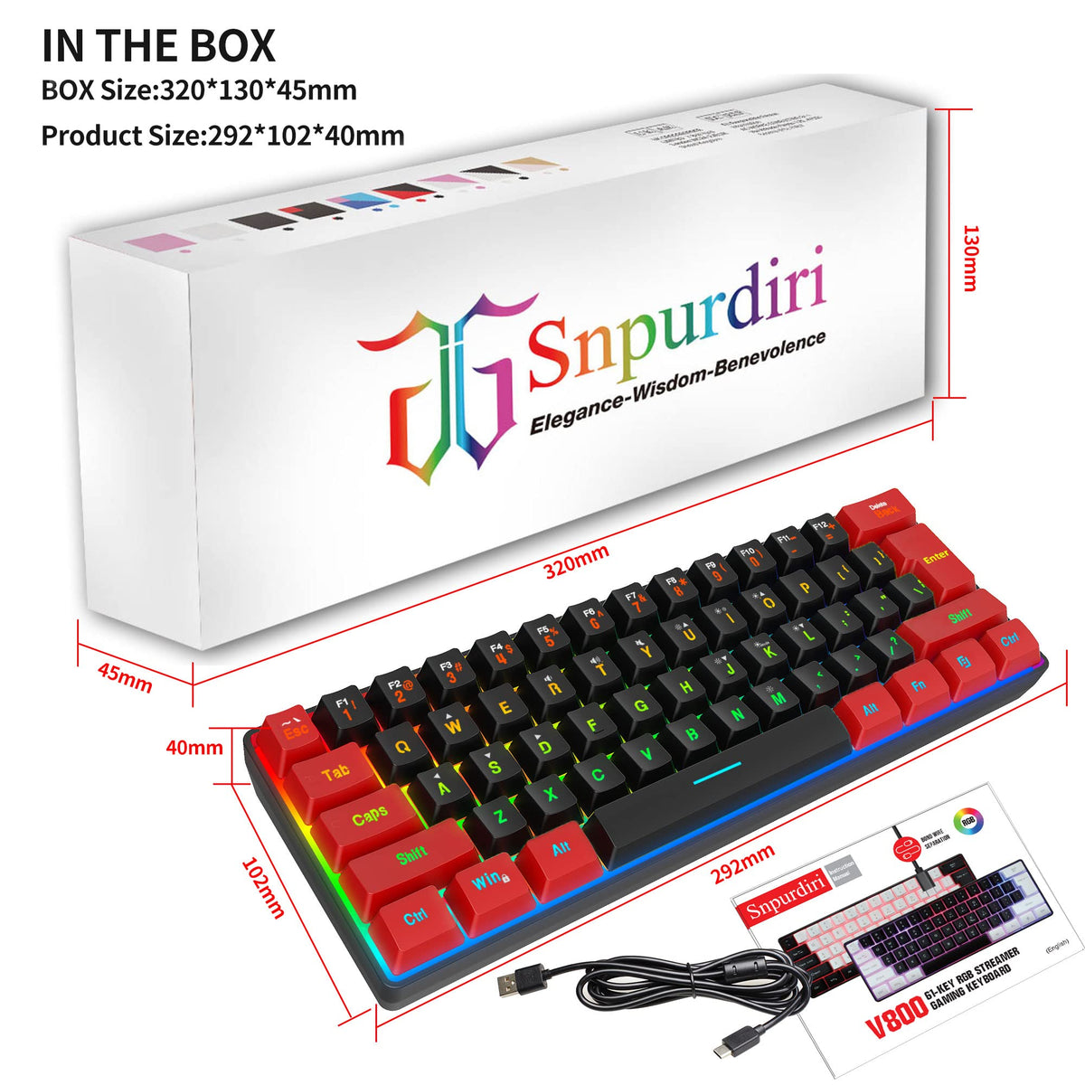 Snpurdiri Wired Mechanical Gaming Keyboard, 60% Size, LED Backlight, 61 Keys, Small Wired Office Keyboard for Windows Laptop/PC, Mac (Black-Red, Blue Switches)