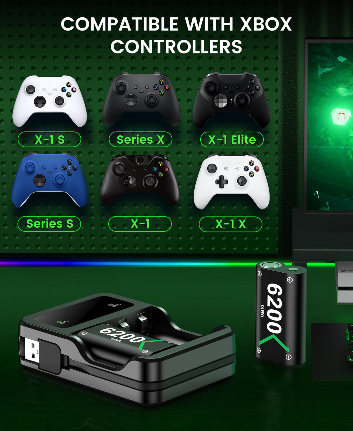 Rechargeable Battery Pack for Xbox Controller, Battery Pack with 2×4800mWh/LED Indicator/12 Hours Playtime,Play and Charge Kit for X-box One/S/X/Elite, Xbox Series S/X Interactive Gaming Figures