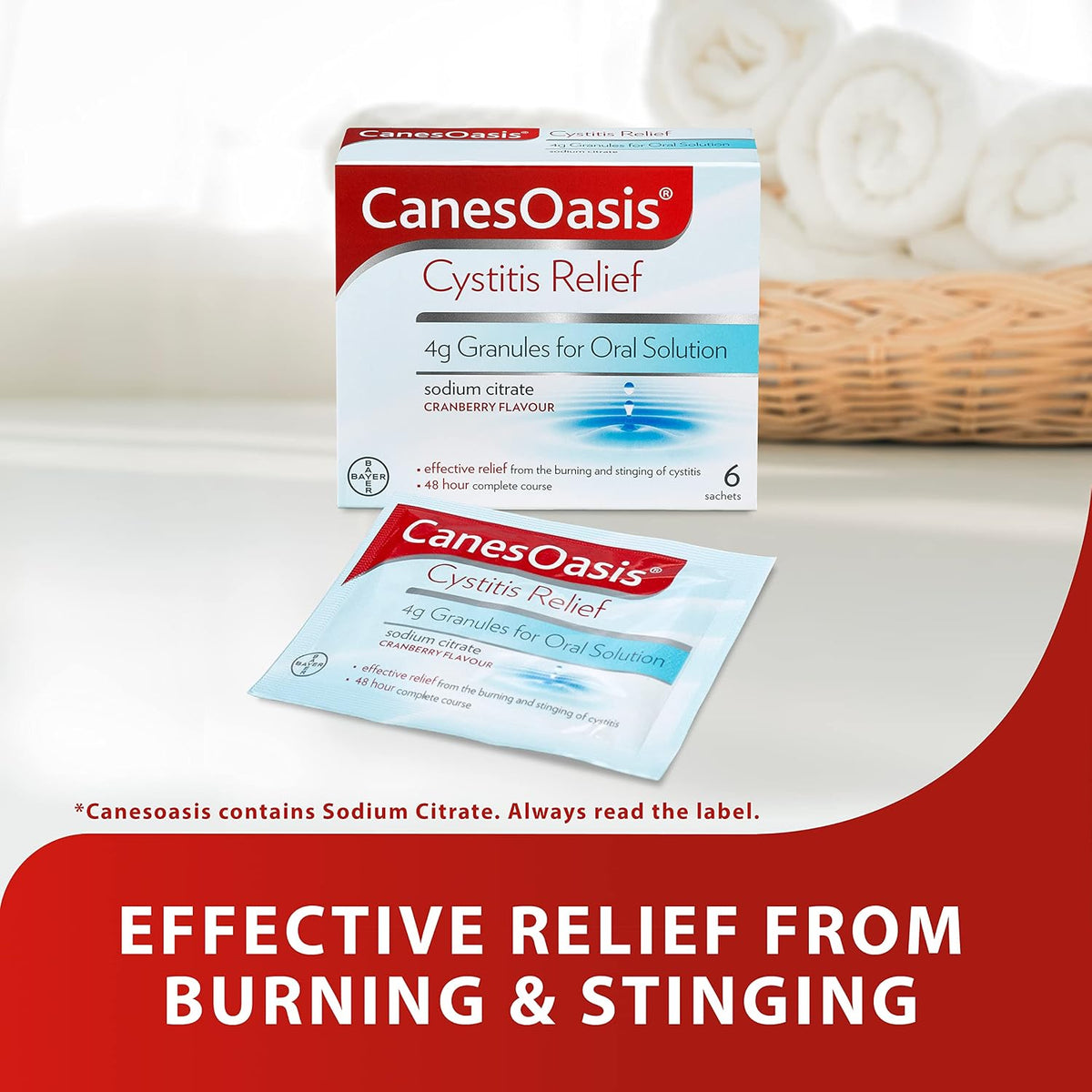 CanesOasis Cystitis Relief | Granules for Oral Solution to Relieve & Treat the Burning & Stinging of Cystitis | 48hr Complete Course | Cranberry Flavour | 6 Count (Pack of 1)
