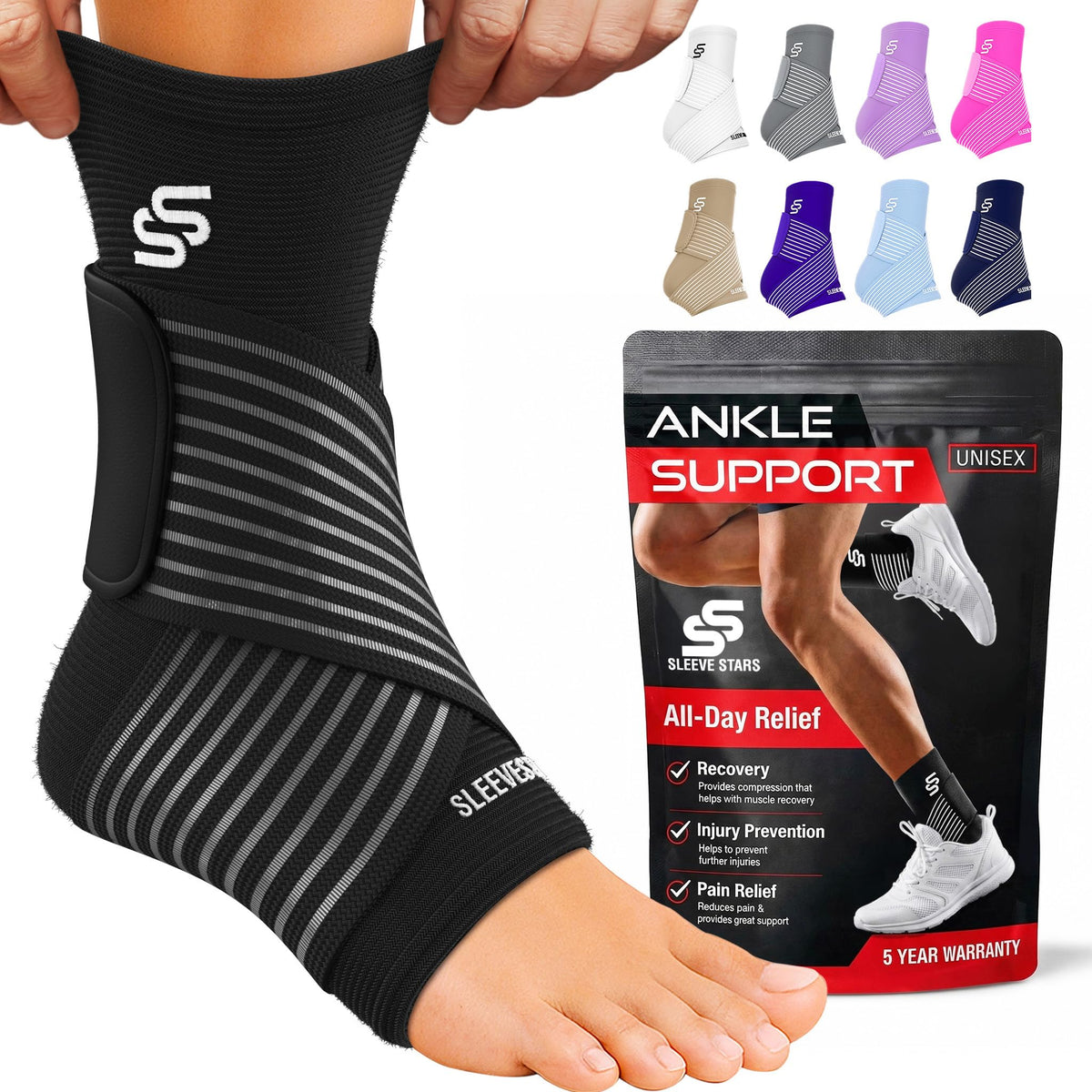 Sleeve Stars Ankle Brace Men & Women Support (Single/L:12"-13"/Black)