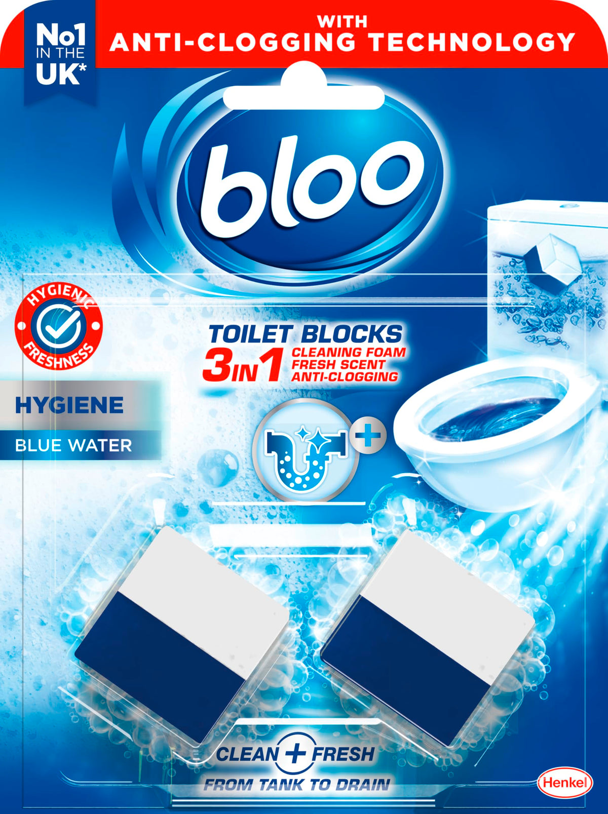 Bloo New 3in1 Toilet Blocks, Pack of 2, Toilet Limescale Remover Cistern Block, Toilet Cleaner Block with Cleaning and Foaming Action, Toilet Fresheners - Limescale Prevention