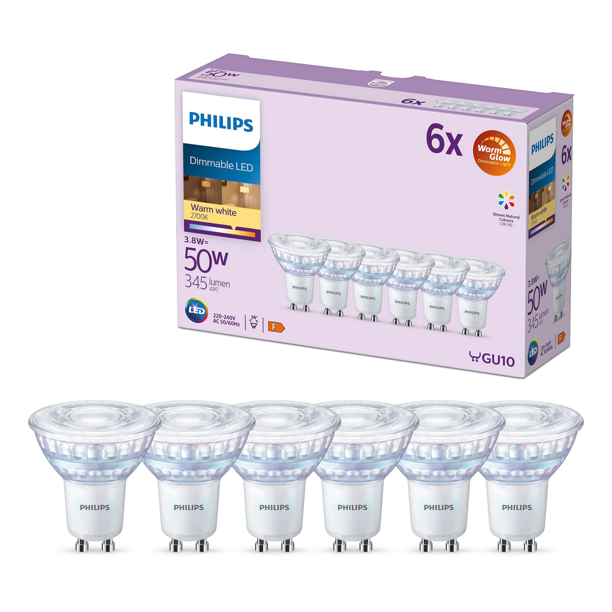 PHILIPS WarmGlow 6 Pack Dimmable [GU10 Spot] LED Light Bulbs, 3.8 W - 50W Equivalent, 2700-2200K. for Relaxed Home Lighting