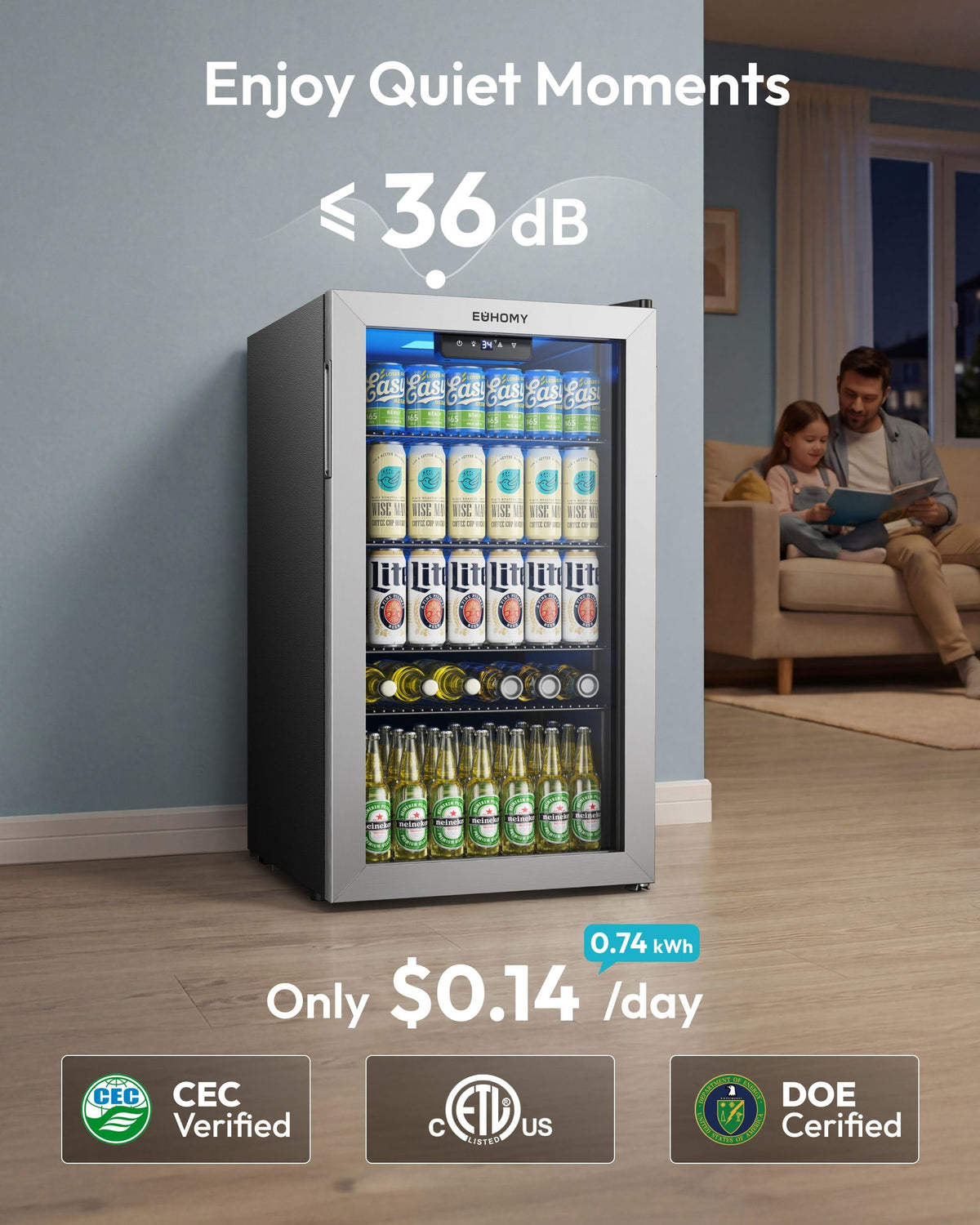 EUHOMY 93L Drinks Fridge, 126 Can Beer Fridge with Glass Door, Wine fridge with Adjustable Shelves for Soda Beer or Wine, Home/Bar/Office, Black, Steel, One-Touch Control [Energy Class F]