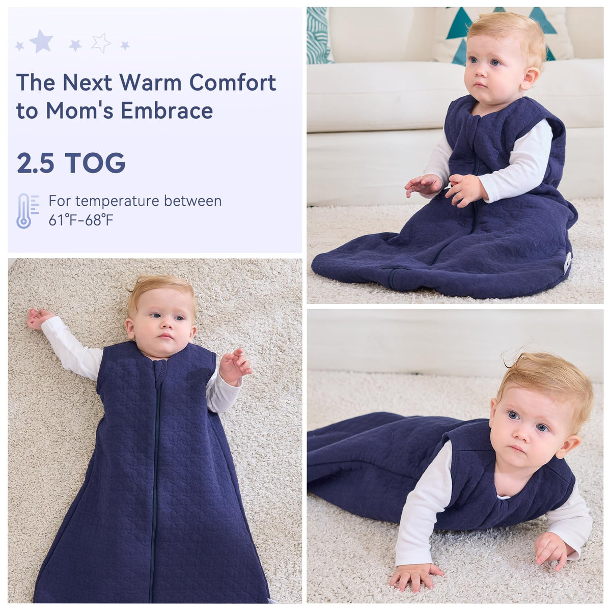 Unnivoll Baby Sleeping Bag 2.5 Tog 0-6 Months 100% Cotton Winter Sleeping Bag Baby 2-Way Zipper Quilted Sleep Sack for Newbron Infant Warm Soft Apricot
