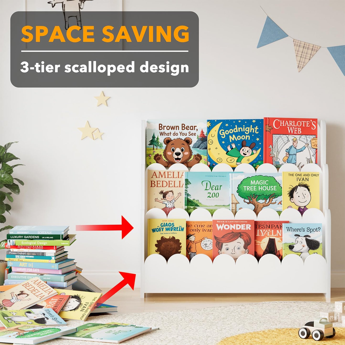 SpaceAid 3-Tier Scalloped Bookshelf, Montessori Bookcase for Toddlers, Wooden Book Shelf Organizer Display Furniture for Kids Rooms, Playroom, Nursery and Classroom, Natural