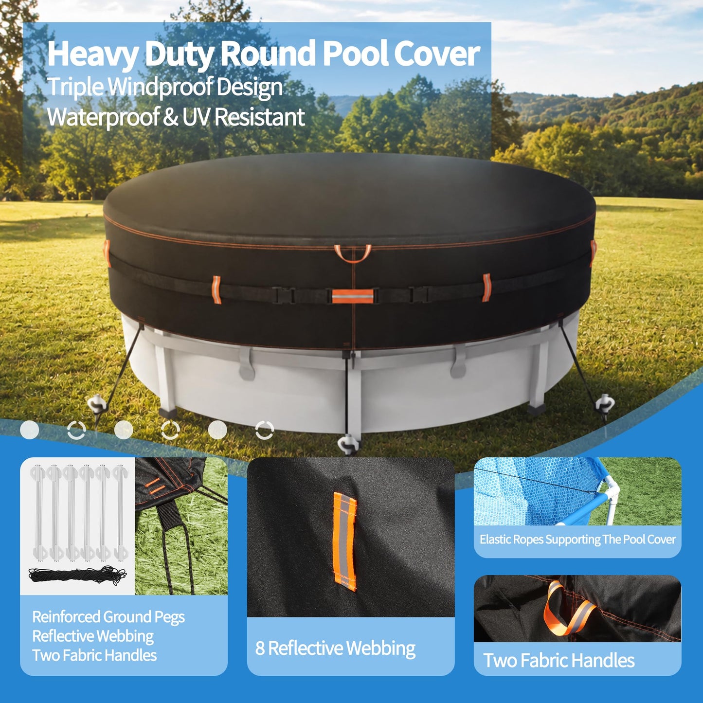 Round Pool Cover for above ground Swimming pools, Heavy Duty Oxford Fabric, Tear Resistant, Ideal for Circle & Round-shaped Pool, Waterproof and Dustproof (12FT, Black)