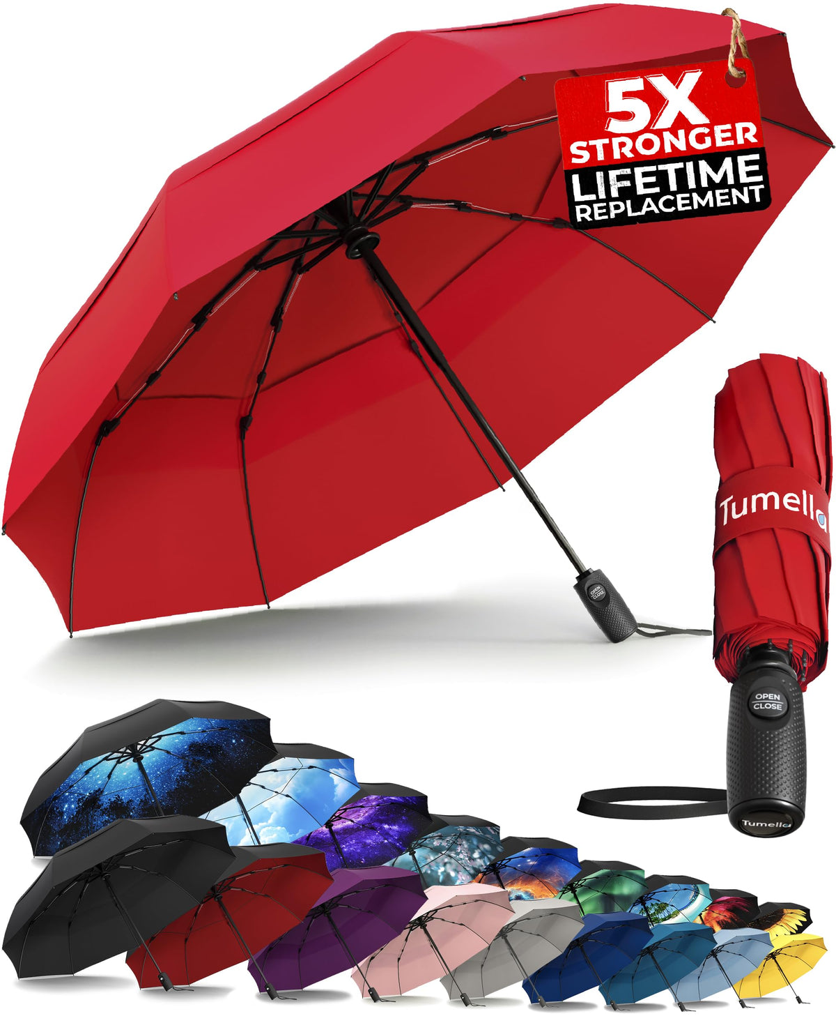 TUMELLA Strongest Windproof Travel Umbrella (Compact, 100MPH Wind-Tested)