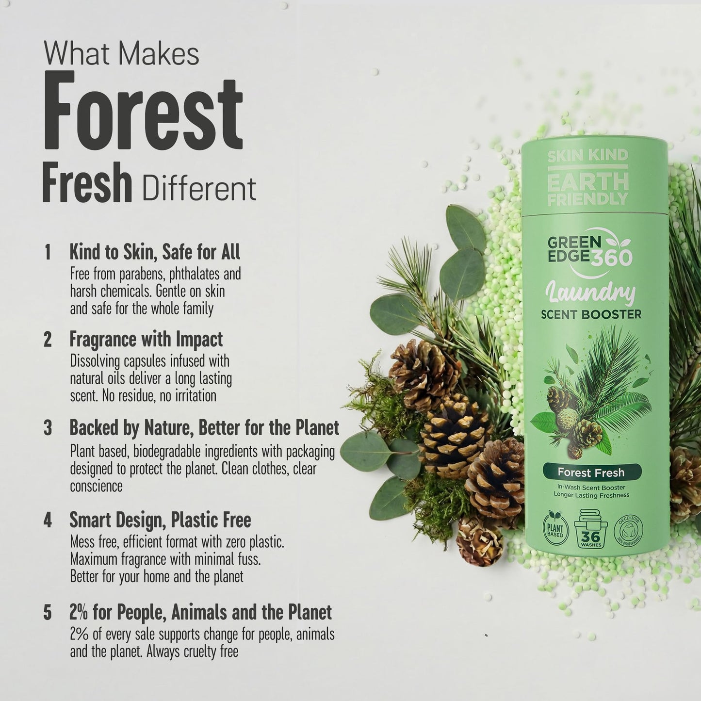 Green Edge 360 Long Lasting in Wash Scent Booster Beads 750g Premium Natural Laundry Perfume Plastic Free Scent Beads Biodegradable Eco Friendly (Forest Fresh)