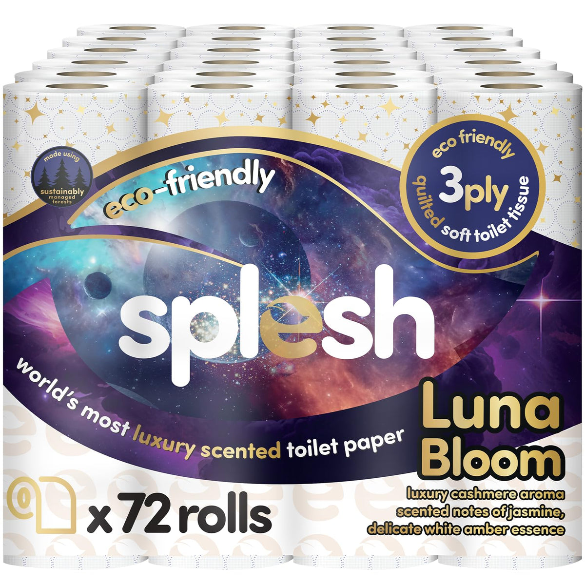 Splesh by Cusheen Toilet Roll 72 Rolls - Aloe Vera Scent Bulk Family Pack | Soft 3 Ply Quilted Bathroom Tissue Loo Rolls | Eco-Friendly, Sustainable Toilet Paper
