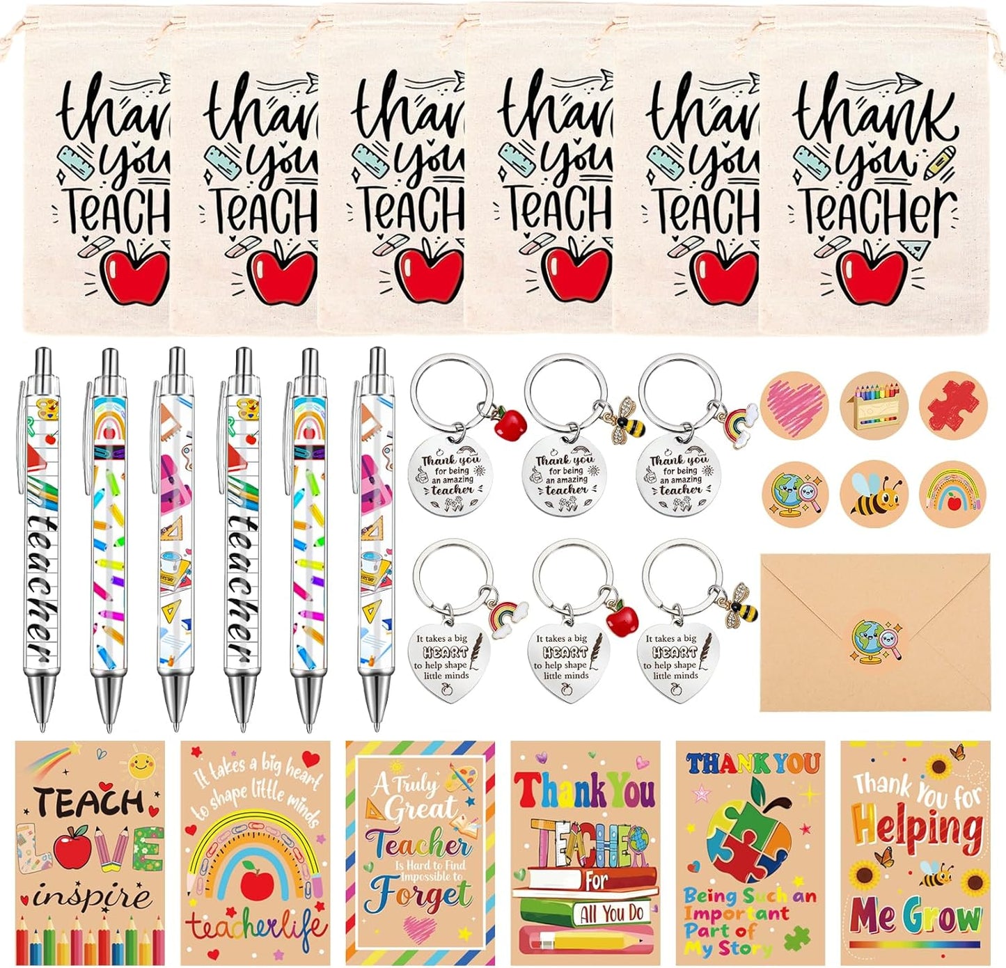 6Pack Teacher Appreciation Gifts Bulk,Teacher Gifts with Thank You Cards Keychain Ballpoint Pens Drawstring Bags, End of Year Gifts for Nursery,Mentor,Teachers,Teaching Assistant,.