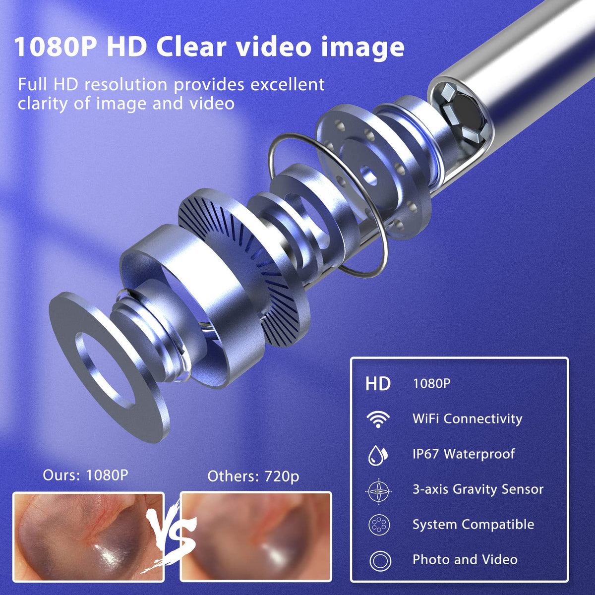 Ear Wax Removal Otoscope, WiFi 1920P Ear Cleaner Camera, 3.5mm Diameter Ear Cleaner, IP67 Waterproof Ear Camera with 6 LEDs for iPhone, iPad and Android Smartphones, Black