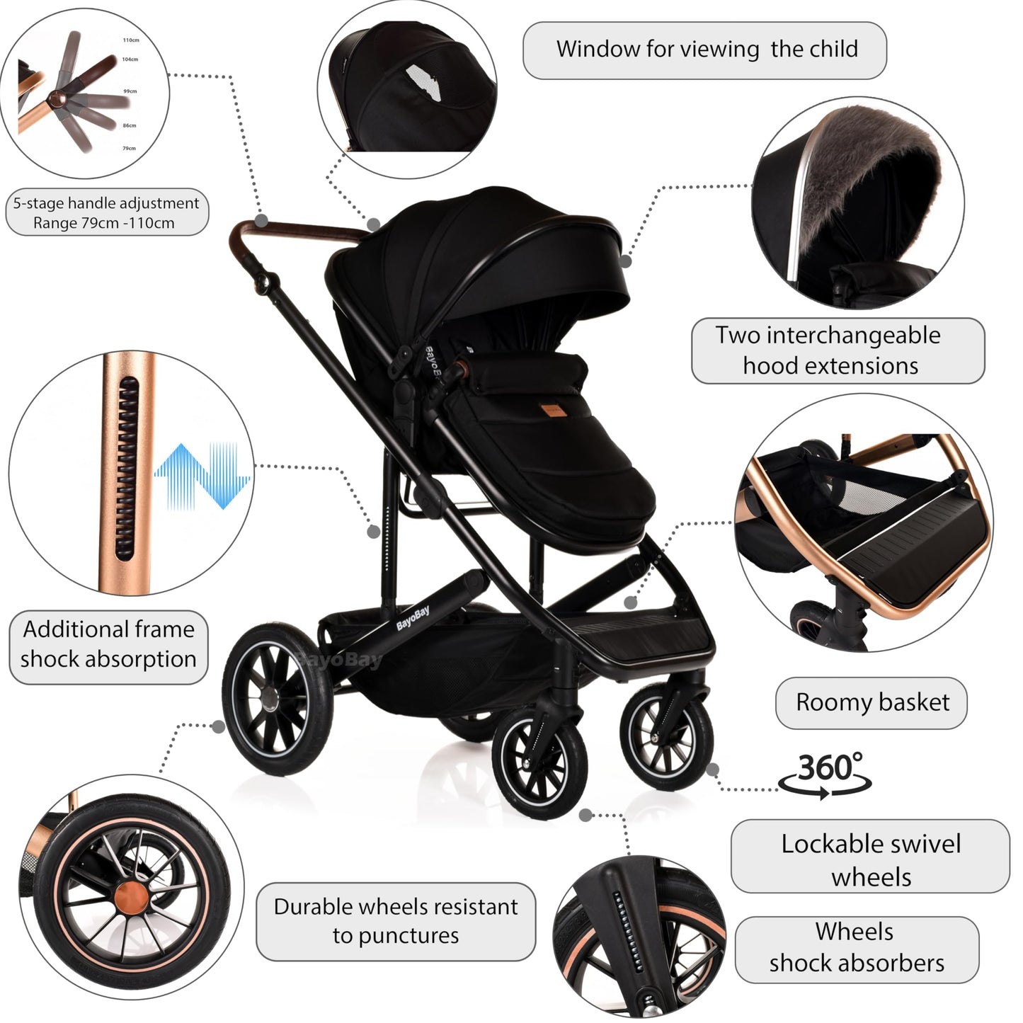 3 in 1 Baby Pram Travel System with Car Seat Lightweight Buggy Foldable Pushchair for Newborn and Toddlers up to 22kg NEW 2025 Style (Black - Gold)