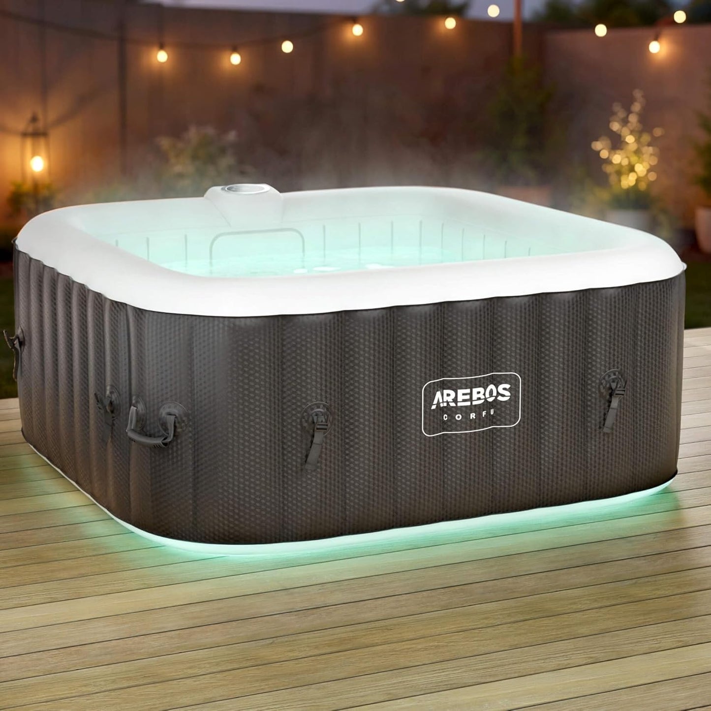 Arebos Inflatable Hot Tub | Indoor & Outdoor Spa Pool | 154 x 154 cm | with LED lighting | square |4 persons | 100 massage jets | with heating | 600 L | Incl. cover | Bubble Spa & Wellness Massage