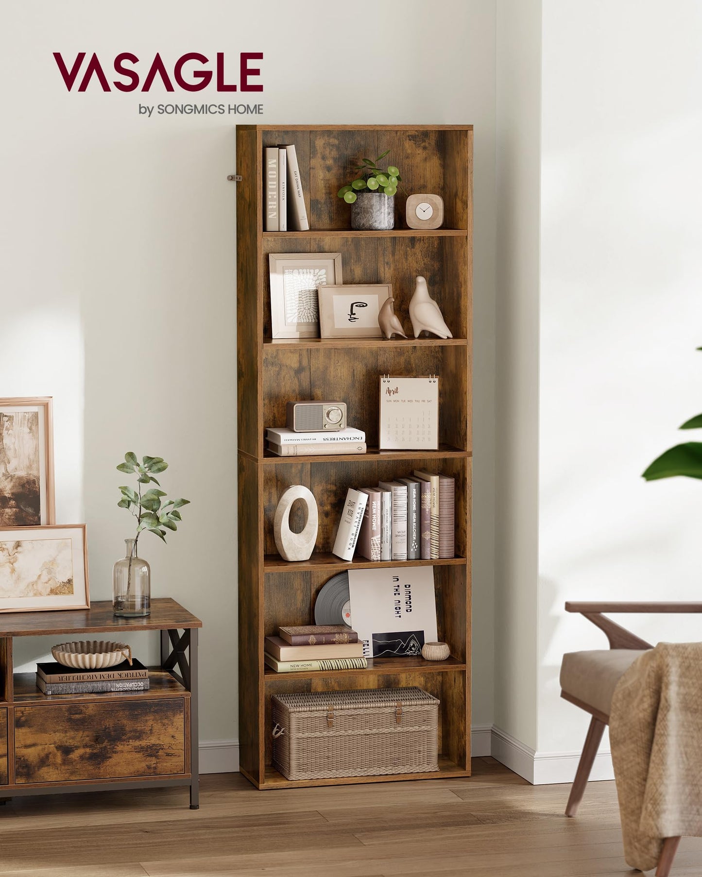 VASAGLE Bookcase, 6-Tier Bookshelf, Open Storage Shelf, Shelving Unit, 24 x 60 x 178.5 cm, for Living Room, Home Office, Dinning Room, Cloud White LBC169T14