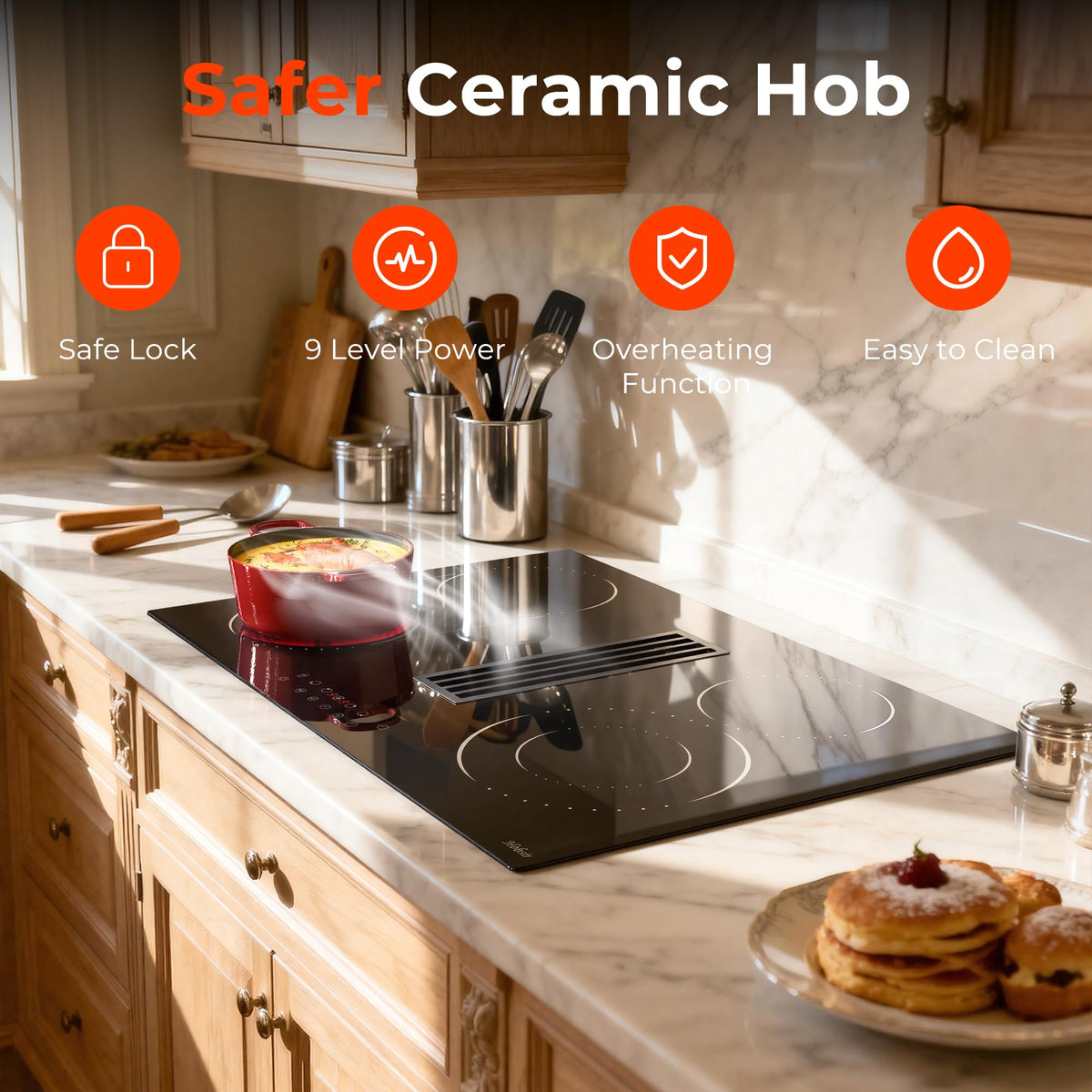 Hobsir Ceramic Hob with Knobs, Built-in Electric Cooker Hob 4 Burners 60 cm