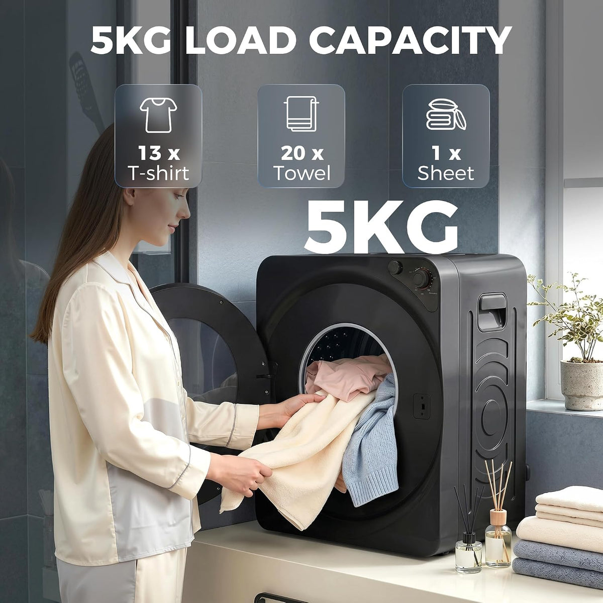 HOMCOM Vented Tumble Dryer, 5kg Wet Laundry/3kg Dry Capacity, 1000W, Black