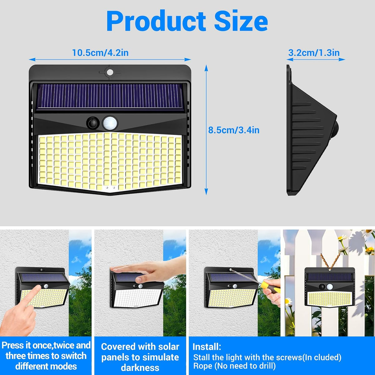 Peasur Solar Security Light Outdoor Motion Sensor, 168 LED Waterproof Solar Wall Light with 3 Modes, PIR Outdoor Sensor Light for Fence, Front Door, Garden, Garage, 1 Pack