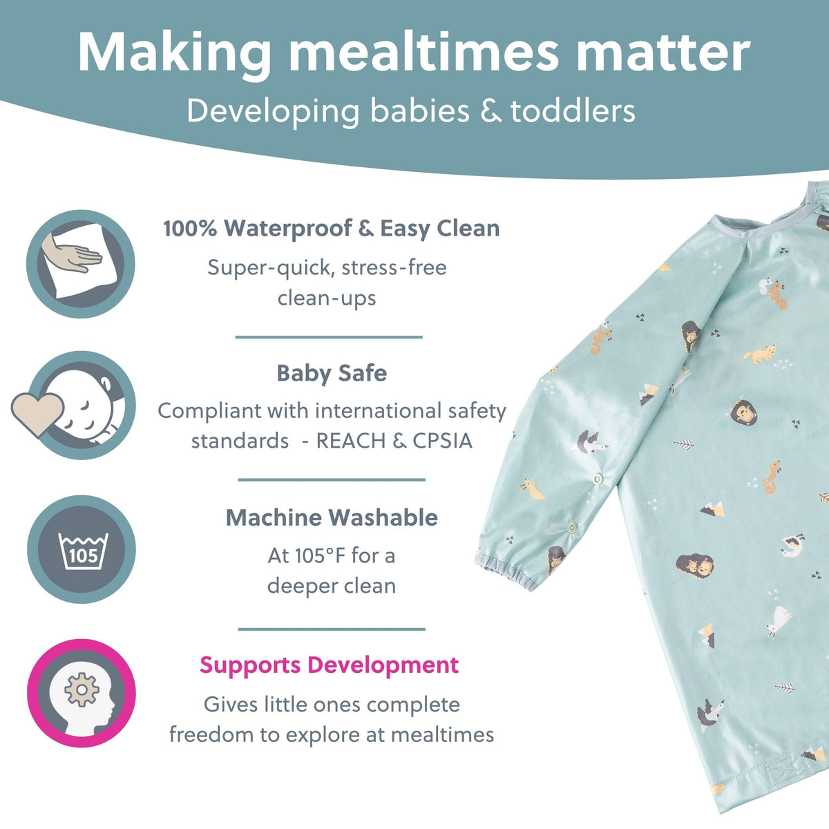 BIBaDO Long Sleeve Baby Bibs - Coverall Weaning Bib with Highchair Strap