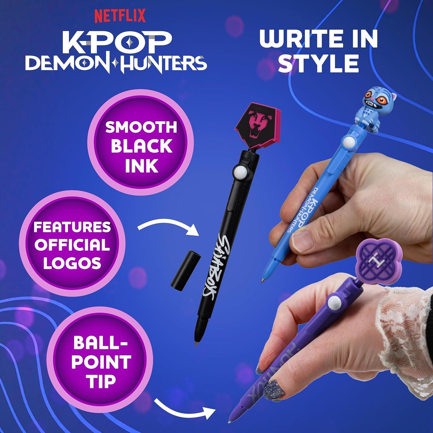 KPop Demon Hunters Fidget Pen Set (Pack of 3) – Official Merchandise – Saja Boys, Derpy & Huntr/x 18cm Black Ink Pens – Soft Touch Sensory Ball-Joint Fidget Toys – K-Pop Stationery Gift Set