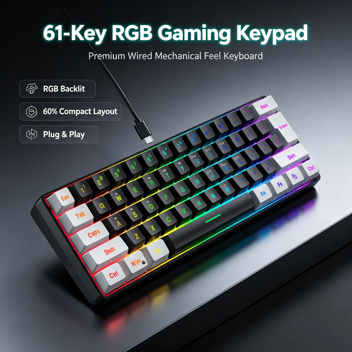 Snpurdiri Wired Mechanical Gaming Keyboard, 60% Size, LED Backlight, 61 Keys, Small Wired Office Keyboard for Windows Laptop/PC, Mac (Black-Red, Blue Switches)