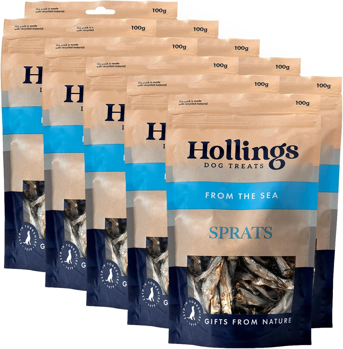 Hollings Sprats Dog Treats, 100% Natural with Fresh Fish Air Dried Treats for Dogs, Hypoallergenic and Grain Free 100g (Pack of 10)