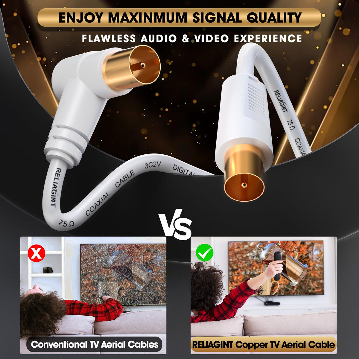 TV Aerial Cable 1m, 75 Ohm Coaxial Lead, IEC 9.5mm Male to Male 3C2V Pure Copper Dual Shielded, Right-Angle Connector, Female to Female Adaptor Included, Black