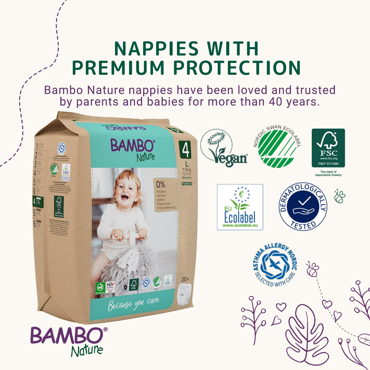 Bambo Nature Premium Eco Nappies, Premature Size 0 (2-7lb/1-3kg), XXS, Pack of 24, Eco-Labelled Nappies, Enhanced Leakage Protection, Secure and Comfortable Baby Nappy