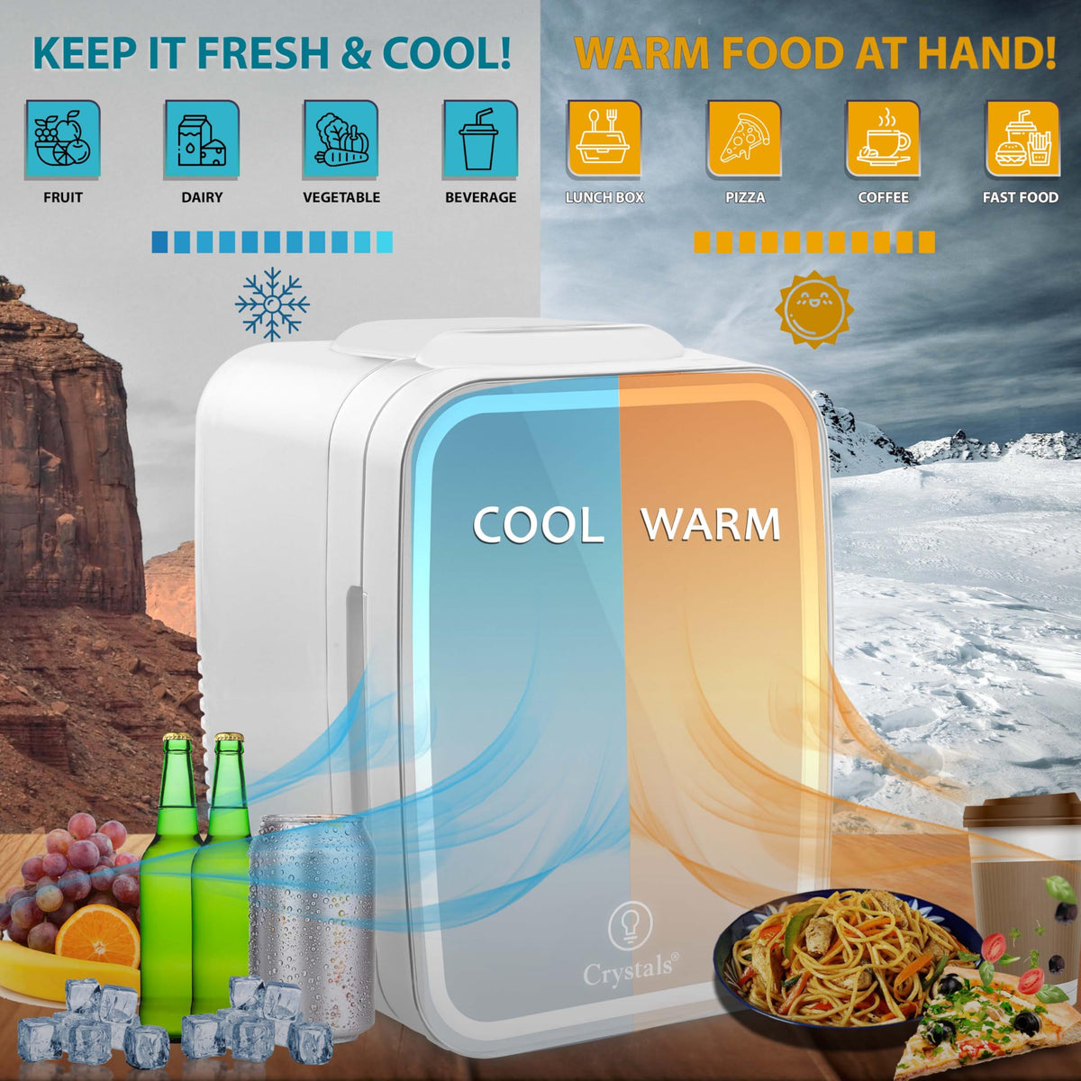Crystals 4/10/15L Litre Mini Fridge, Table Top Small Fridge Cooler & Warmer for Car Bedrooms Desk Office, 12V DC - 220 AC, Mini Fridge for Bedrooms – Energy Efficient (Black, 4L Litre)