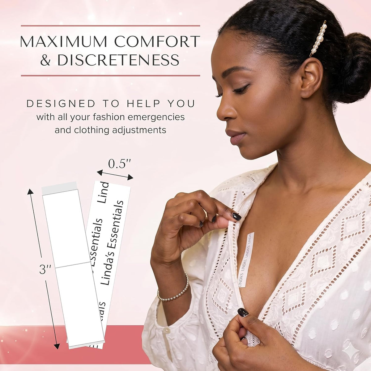 Linda's Essentials Double Sided Body and Fashion Tape (100 Strips) - Extra Adhesive Double Sided Boob Tape for Clothes & Skin, All Fabric Types, Perfect for Dresses, Body & Bra