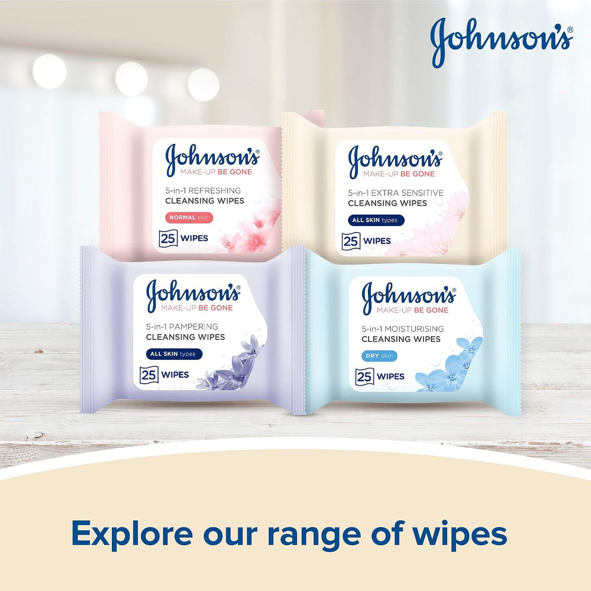 Johnson’s Make-Up Be Gone 5-in-1 Extra-Sensitive Cleansing Wipe, Gently Remove up to 99% of Makeup, Including Waterproof Mascara, Pack of 25 Wipes