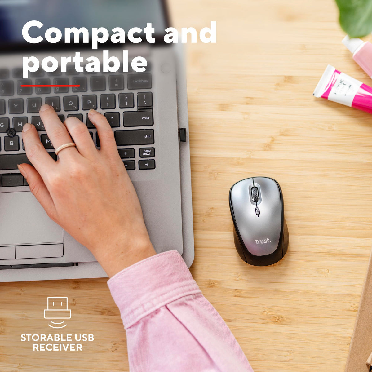 Trust Yvi FX Wireless Mouse with LED Illumination, USB Micro Receiver, RF 2.4 GHz, 800/1600 DPI, Ambidextrous, 8 m Range, Computer Mouse for Laptop, PC and Mac - Pink