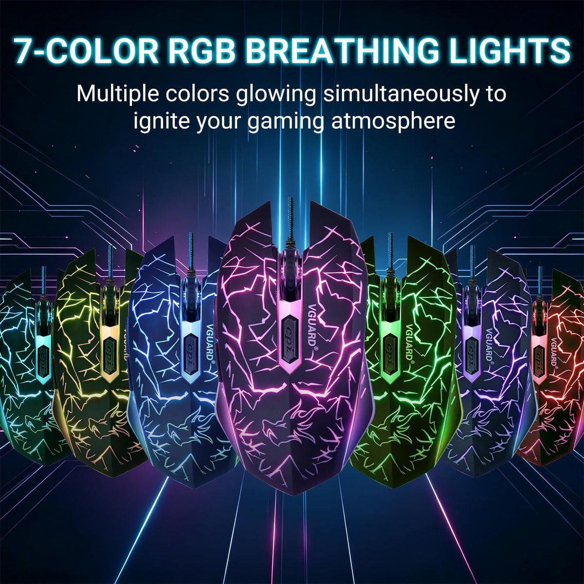 VGUARD Wired Gaming Mouse, 3600 DPI Optical Sensor, RGB Backlit Ergonomic USB PC Mice with 6 Programmable Buttons, 7 Colors LED, Professional Gamer Mouse for Laptop, Computer, Windows/Mac