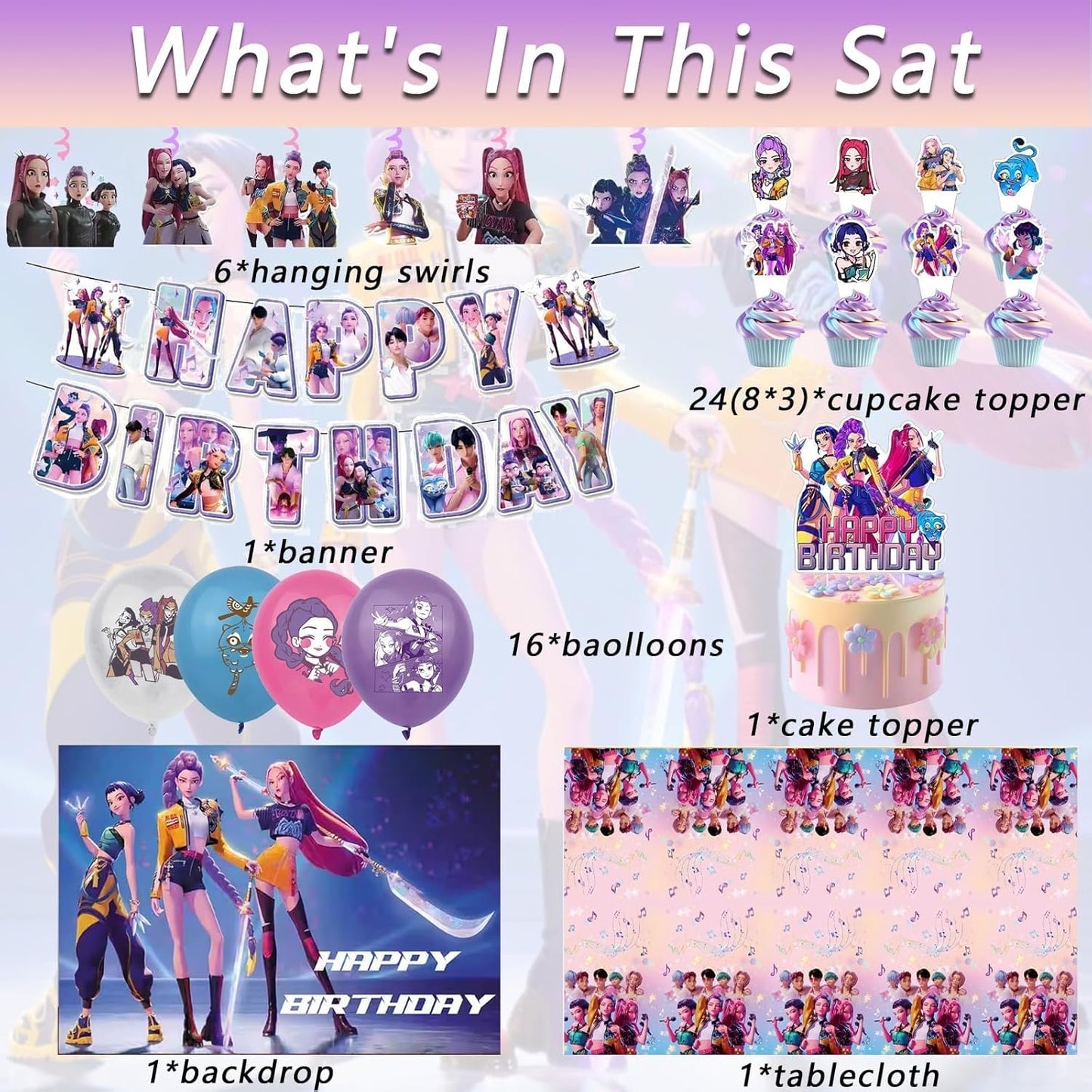 K Pop Demon Hunters Party Supplies, 50 PCS Birthday Decorations Set Include Banner, Balloons,, Hanging Swirls, Cake Cupcake Toppers, Tablecloth for Boys Girls Hunters Theme Party