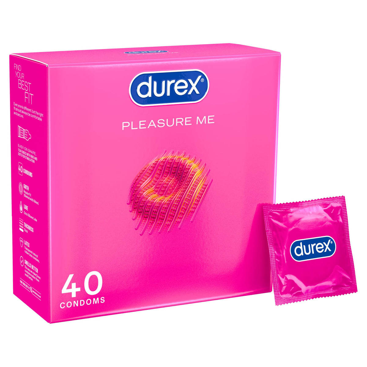 Durex Pleasure Me, 12 Condoms, Ribbed & Dotted, Regular Fit, Pre Lubricated