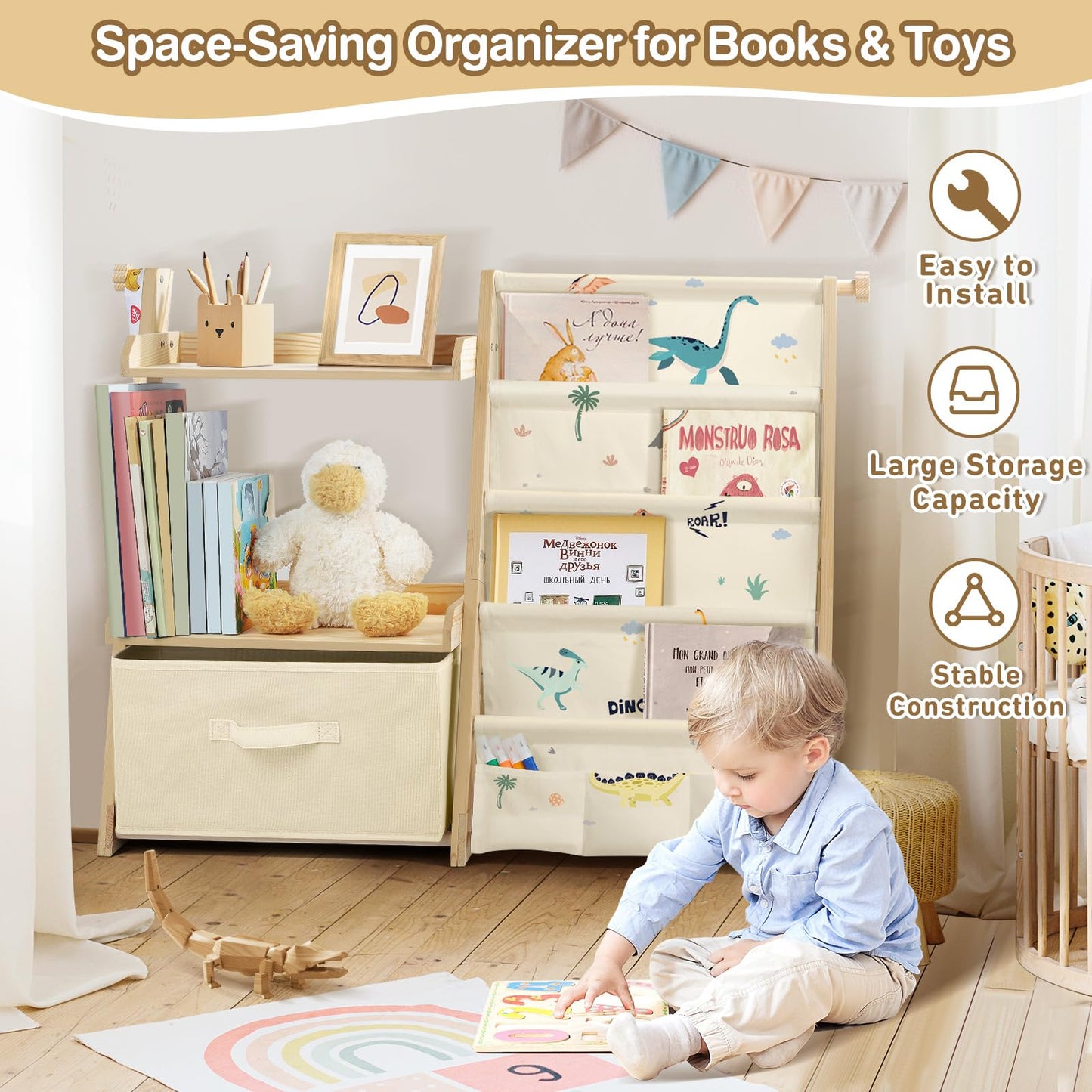 Kids Bookshelf and Toy Storage, Montessori Wooden Children Bookcase and Toy Organizer, 4-tier Toddler Sling Book Shelf with a Large Storage Box for Nursery, Bedroom, Playroom (Terrazzo)