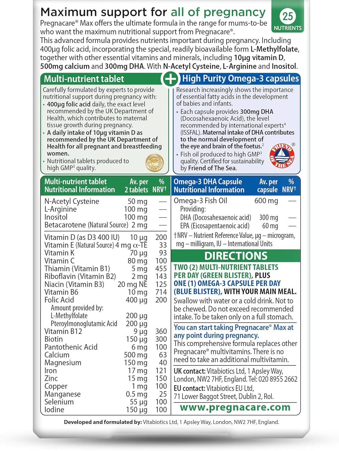 Pregnacare MAX Pregnancy Vitamins - UK's No.1 Pregnancy Brand. Greater Prenatal Care for Women, Supplement with Added Omega-3 DHA for Normal Brain and Eye Development