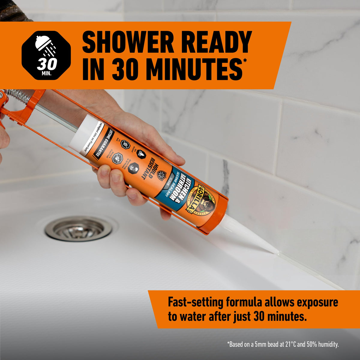 Gorilla Kitchen & Bathroom White Silicone Sealant, 295ml – Mould Resistant, 100% Waterproof Sealant, Shower Ready in 30 Minutes, Shrink & Crack Proof | Use on Showers, Baths, Sinks, Toilets & More