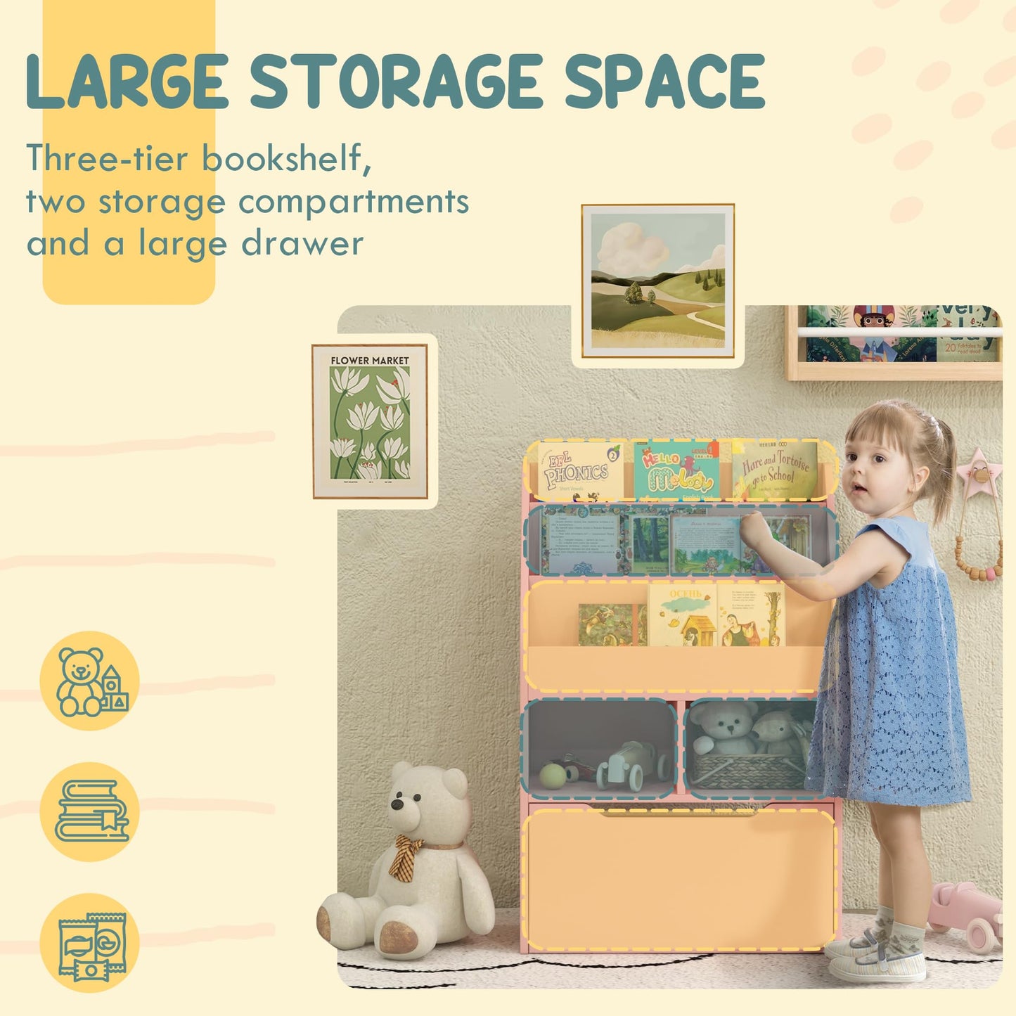 HOMCOM Kids Bookshelf with Moveable Drawer, Montessori-Inspired Children's Bookcase with Wheels, Toy Organiser for Bedroom, Playroom - White