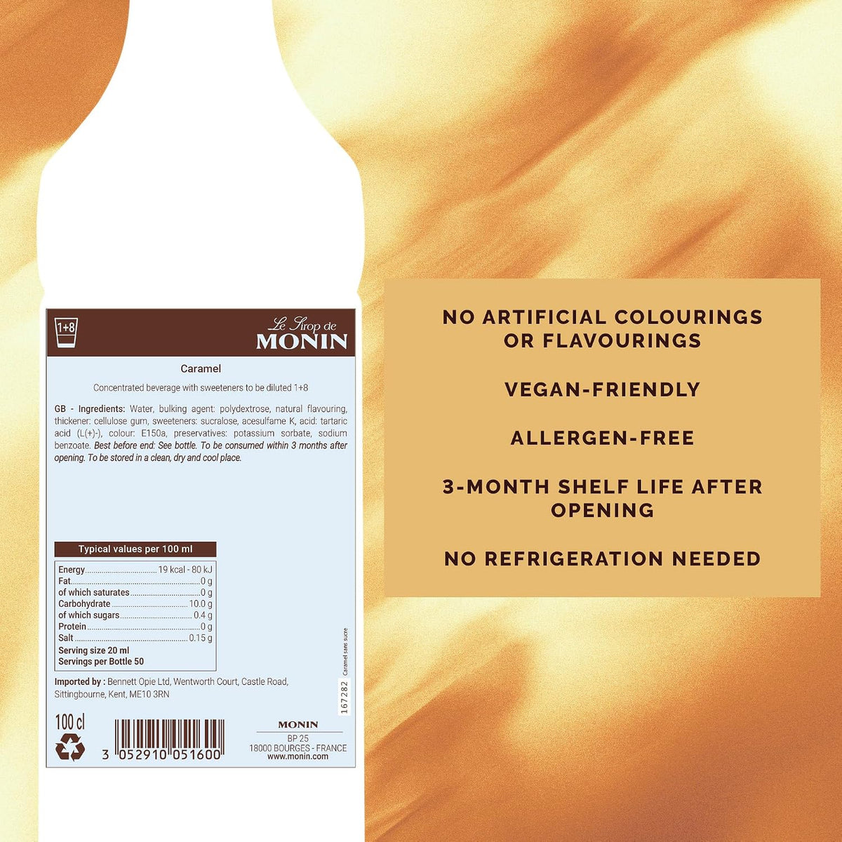 MONIN Premium Caramel Sugar Free Syrup 1L for Coffee and Cocktails. Vegan-Friendly, Allergen-Free, 100 Percent Natural Flavours and Colourings. Sugar-Free Coffee Syrup